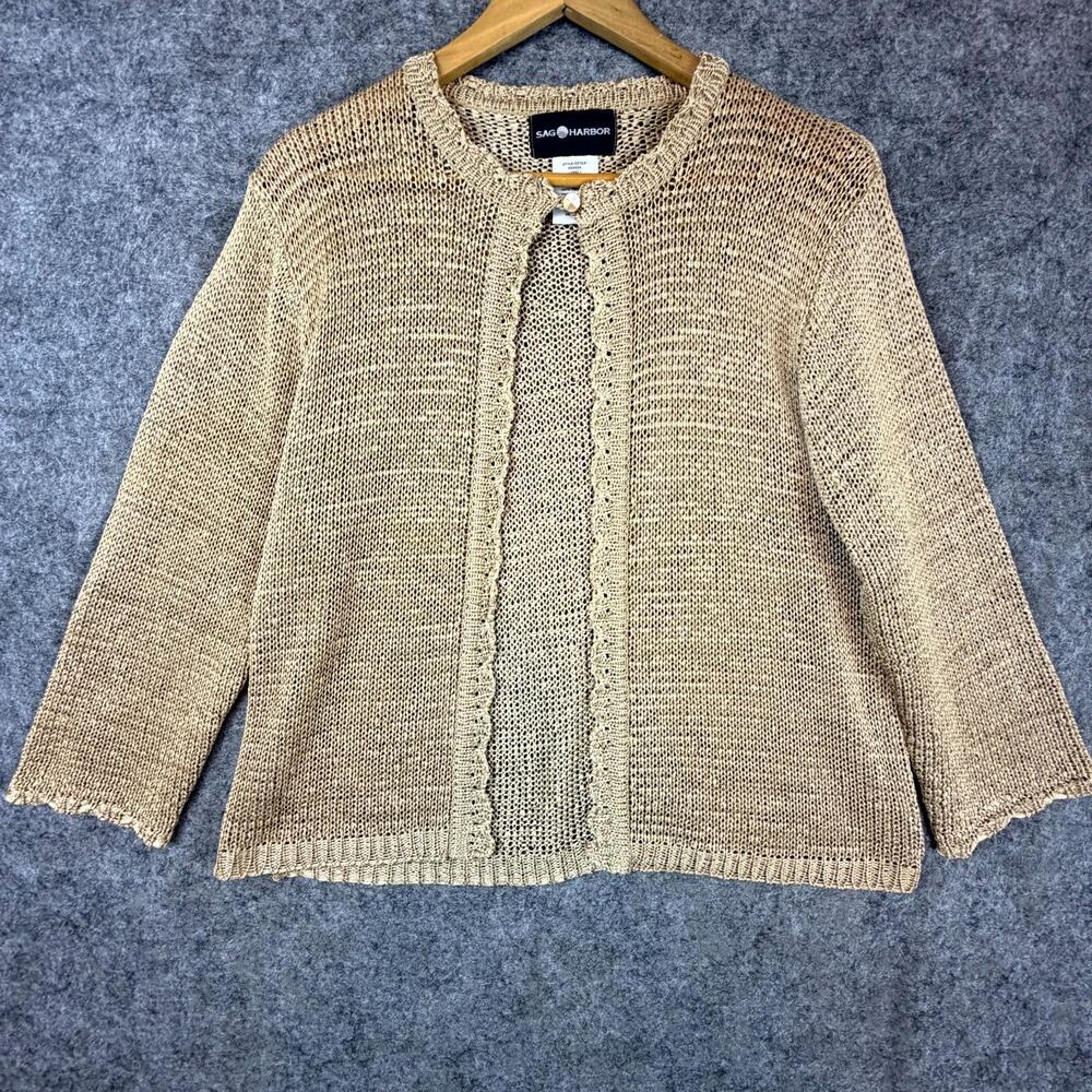 Sag Harbor Cardigan Sweater Women Large Tan Crochet Coastal Grandma Chic Natural